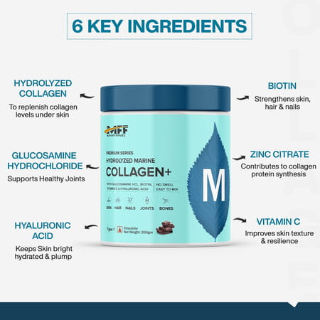 Myfitfuel Hydrolyzed Marine Collagen +Glucosamine | Hyaluronic | Biotin | Vitamin C | 200gm | Orange