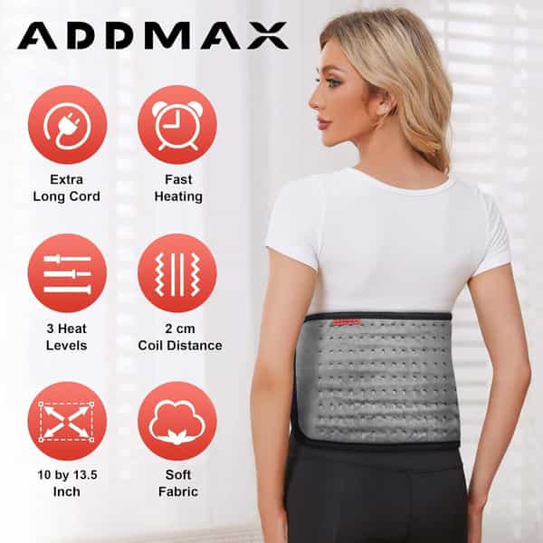 Addmax Electric Heating Pad - Orthopaedic Heating Belt For Back Waist Stomach Pain Relief - Grey