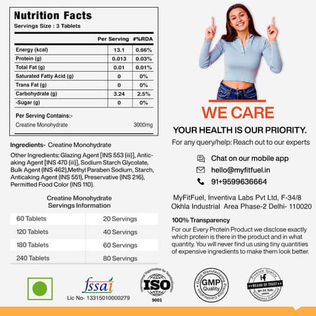Myfitfuel Creatine Monohydrate 200 Mesh | 3000mg (60 Tablets)