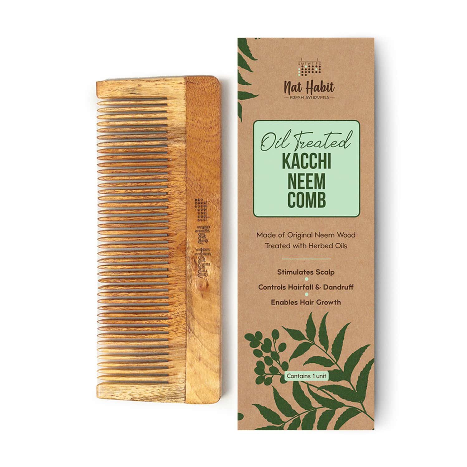 Nat Habit Kacchi Neem Fine Tooth Wooden Comb For Daily Styling Soaked In 17 Herbs & Oils