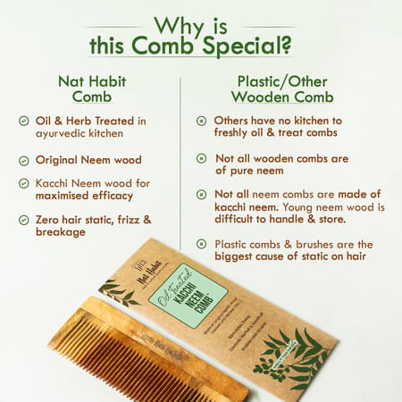 Nat Habit Kacchi Neem Fine Tooth Wooden Comb For Daily Styling Soaked In 17 Herbs & Oils
