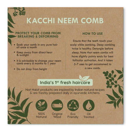Nat Habit Kacchi Neem Fine Tooth Wooden Comb For Daily Styling Soaked In 17 Herbs & Oils