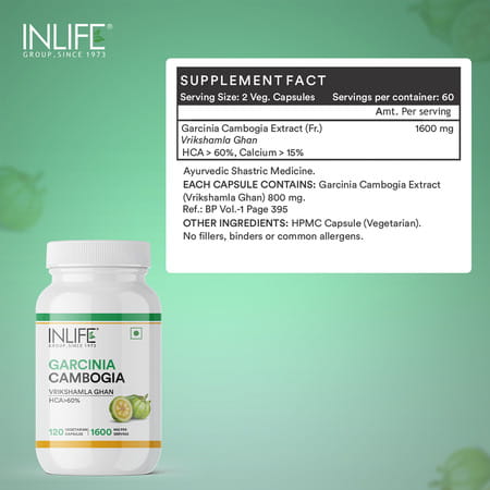 Inlife Pure Garcinia Cambogia Fruit 60% Hca Weight Management Herbs 1600mg - 120 Vegetarian Capsules