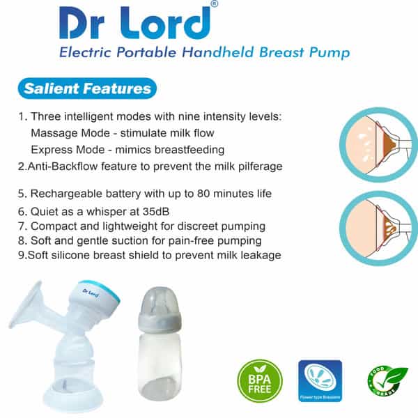 Dr Lord Handheld Portable Electic Breast Pump With Carry Bag