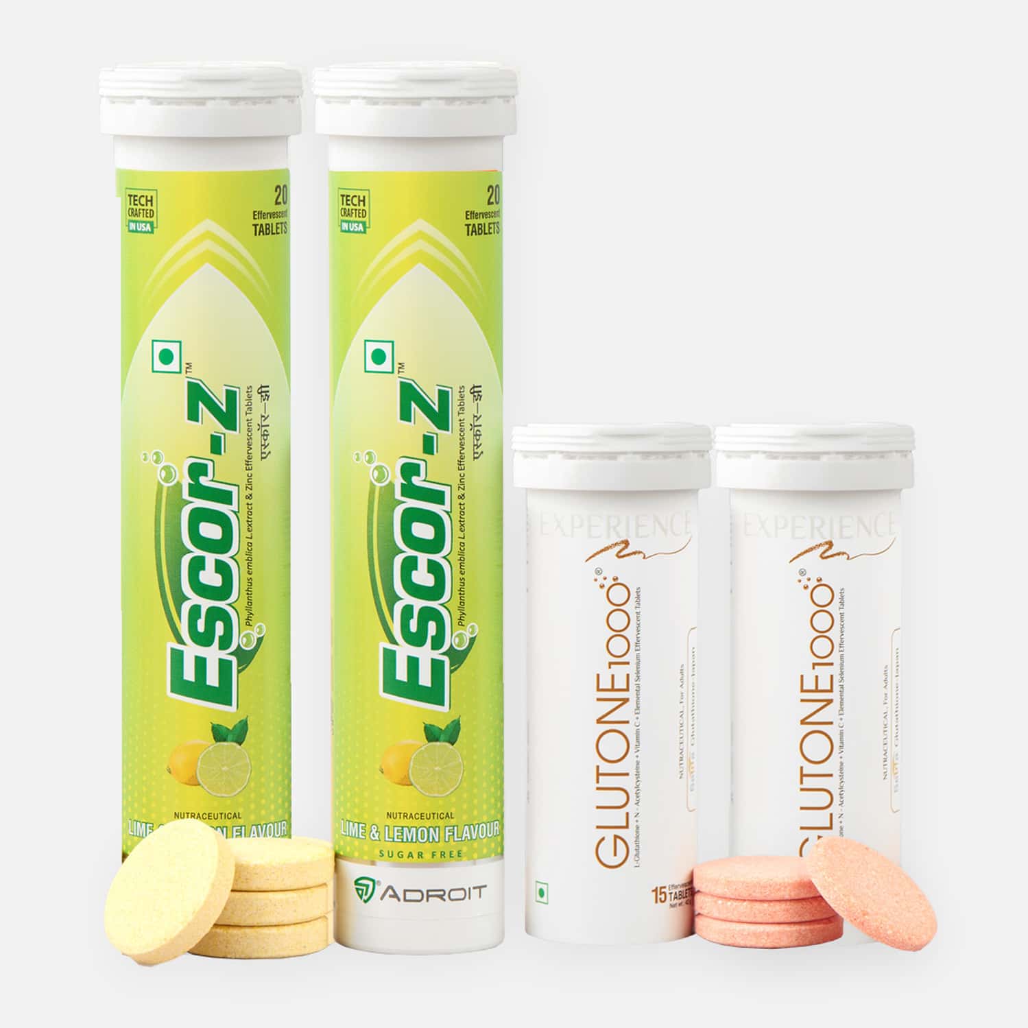 Glutone 1000 & Escor-z Lime & Lemon Flavor Effervescent Tablets Pack Of 4