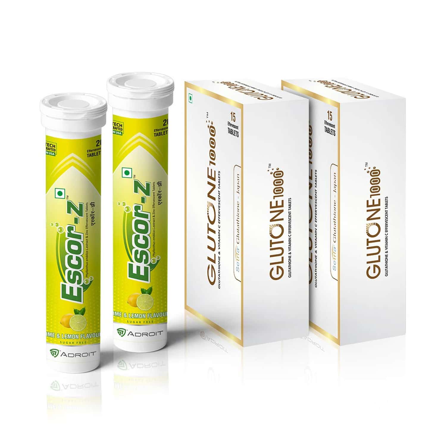 Glutone 1000 & Escor-z Lime & Lemon Flavor Effervescent Tablets Pack Of 4