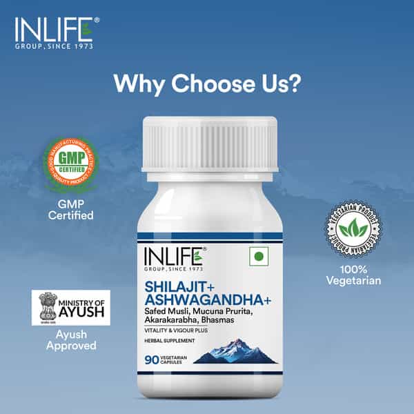 Inlife Shilajit With Ashwagandha Safed Musli Akarkara | Strength And Stamina | For Men & Women - 90N
