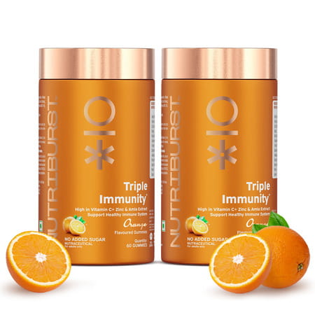 Nutriburst Triple Immunity Gummies With Vitamin C | Amla & Zinc (2x60 Gummies)(Orange Flavour)