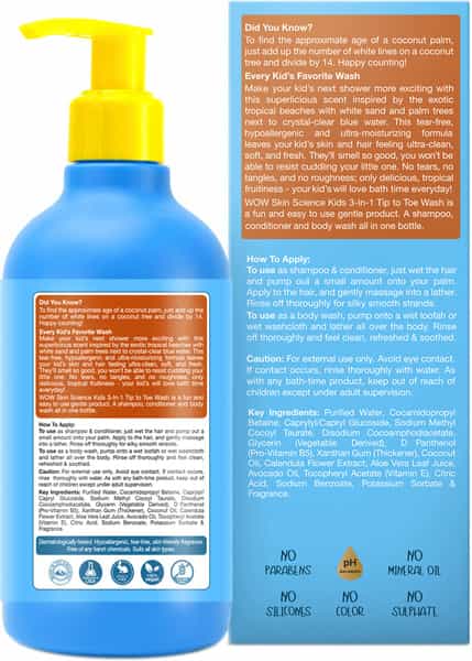 Wow Skin Science Kids 3 In 1 Tip To Toe Wash - Coconut - 300 Ml