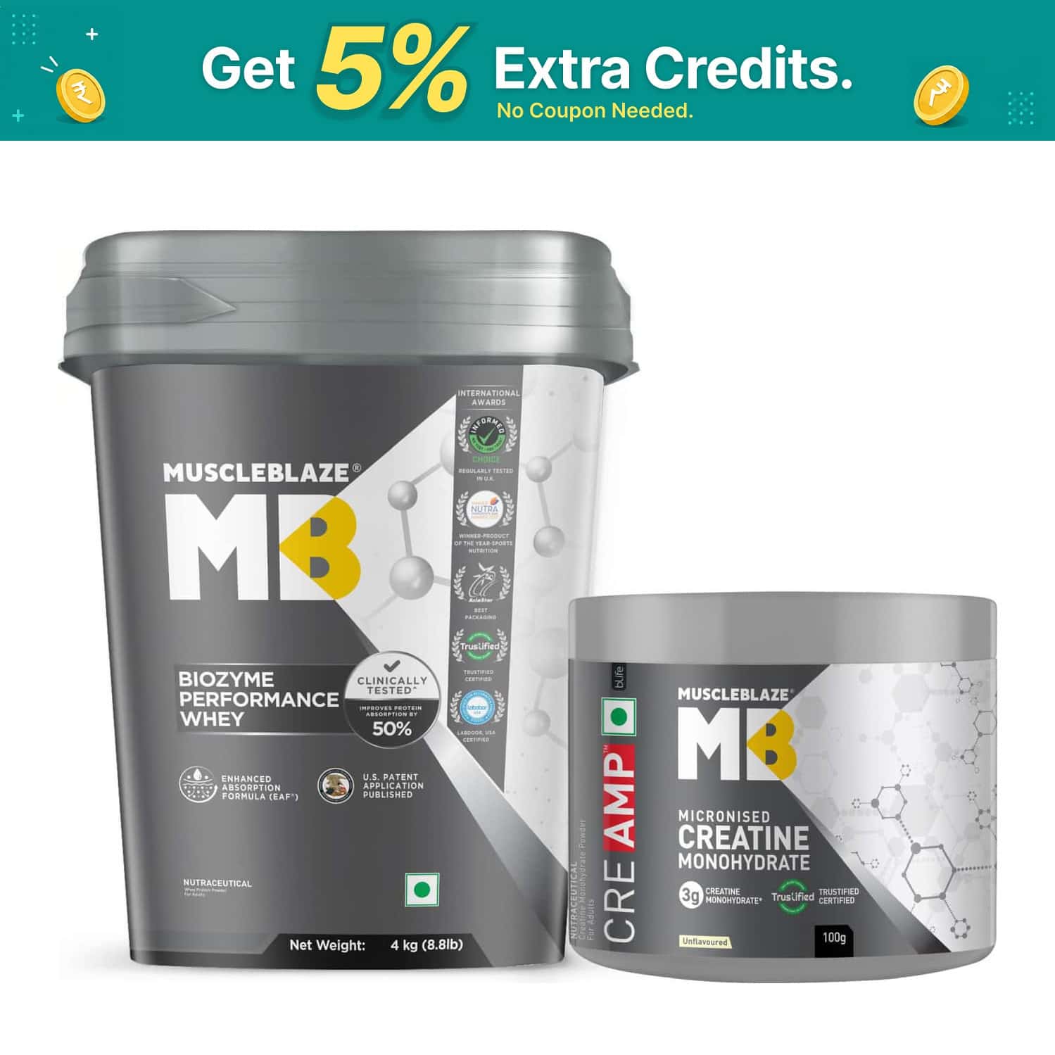Muscleblaze Biozyme Whey (rich Choc | 4kg) + Creatine Creamp (100g | Unflavoured) | Combo Pack