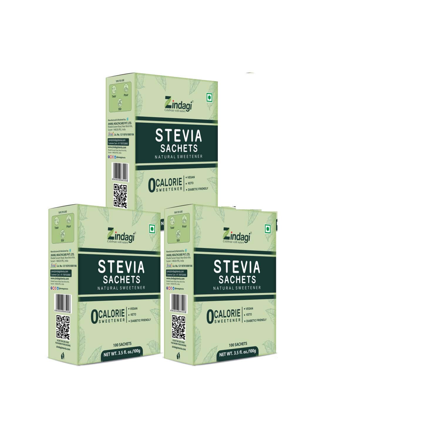 Zindagi Stevia Powder Sachets|zero Calorie Sweetener|diabetic Friendly|100 Sachets |pack Of 3