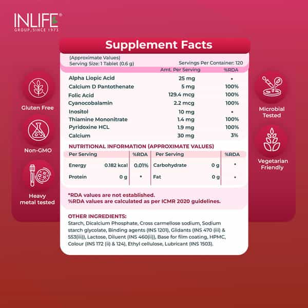 Inlife Vitamin B12 With Alpha Lipoic Acid Energy Nerve Support - 120 Tablets