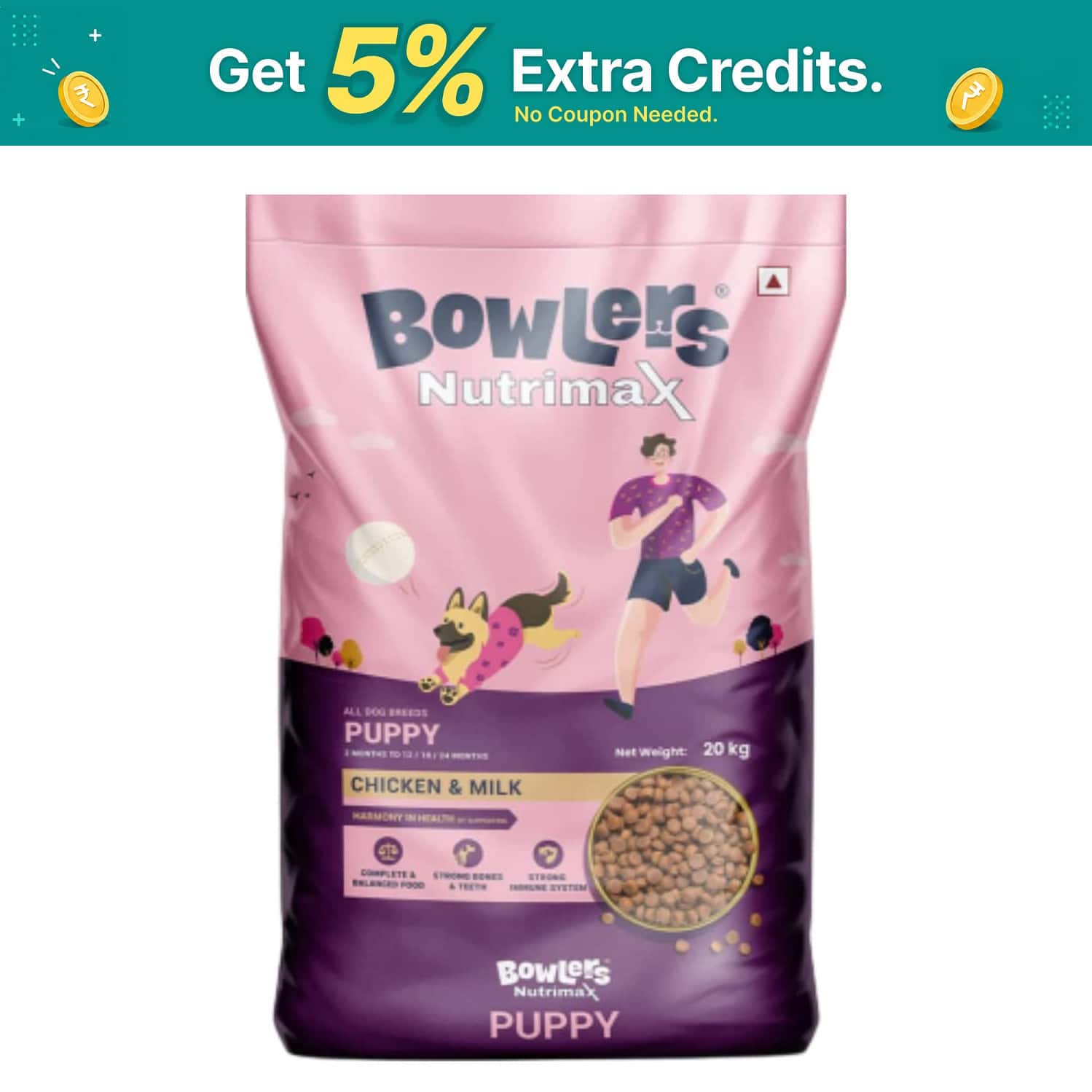 Bowlers Nutrimax Puppy Dry Dog Food | Chicken & Milk |20 Kg | Smooth Digestion & Healthy Coat