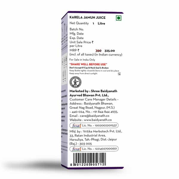 Baidyanath Asli Ayurved Karela Jamun Juice 1 Litre No Added Sugar Healthy Blood Sugar Management