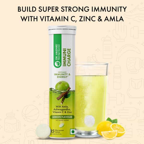 Dr. Vaidya's Immuni Charge, Natural Immunity Booster | Vitamin C, Amla & Zinc | Lemon (2X15 Tablets)