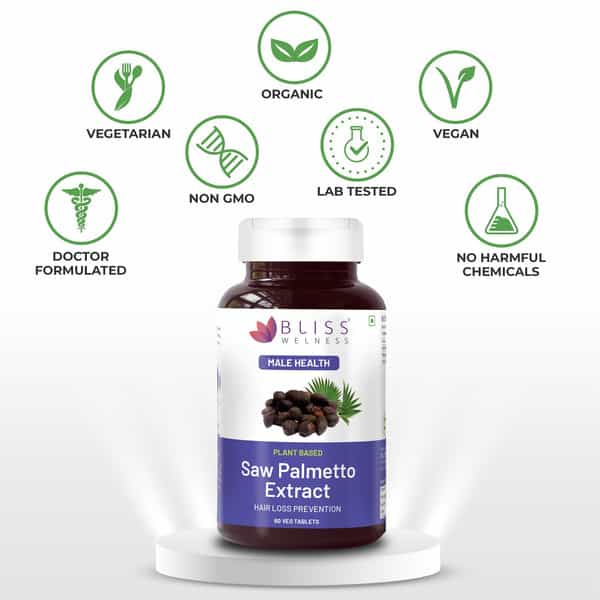 Bliss Welness Saw Palmetto Extract For Hair Growth Prostate Ayurvedic Dht Blocker - 60 Veg Tablets