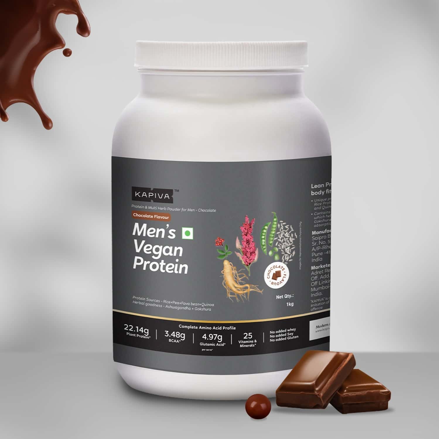 Kapiva Mens Vegan Protein - Chocolate Flavour -100% Plant-Based Protein Protein Shake (1kg)