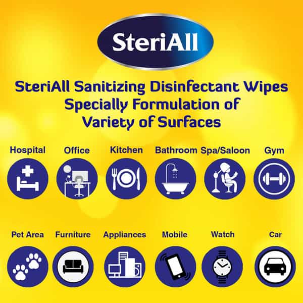 Steriall Sanitizing Disinfectant Wipes For Hands Body And Surfaces 50 Wipes ( Pack Of 3 )