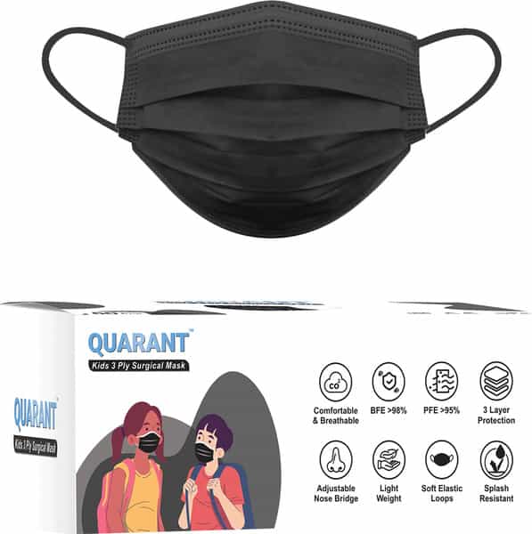 Quarant Kids Black 3 Ply Disposable Surgical Face Mask For Boys & Girls 5 To 12 Years - Pack Of 50