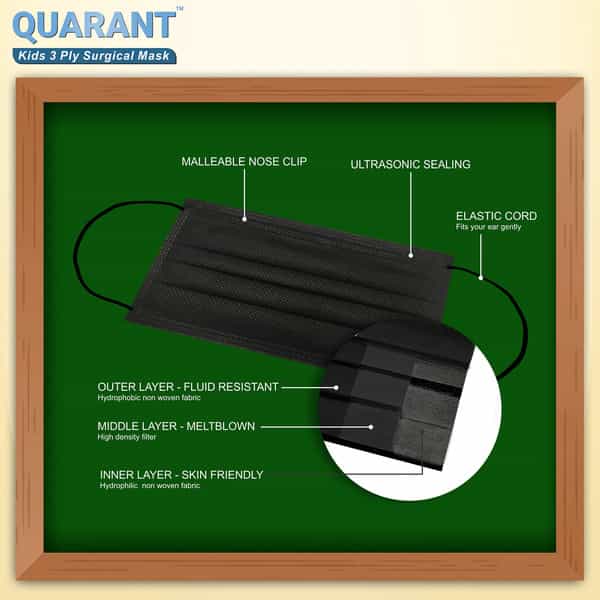 Quarant Kids Black 3 Ply Disposable Surgical Face Mask For Boys & Girls 5 To 12 Years - Pack Of 50