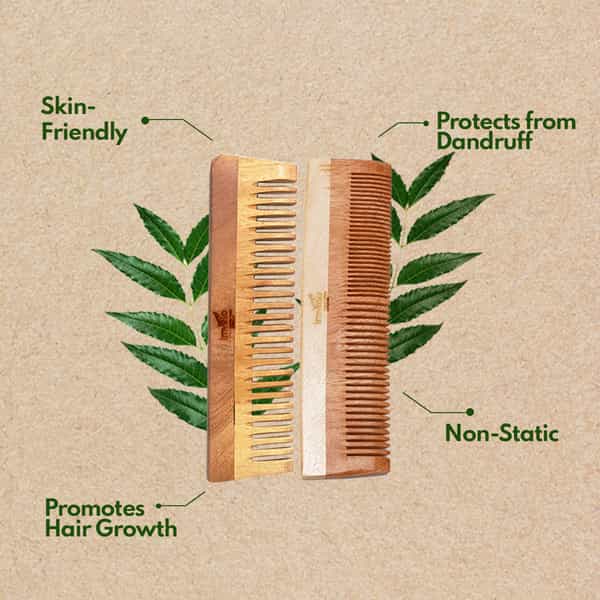 Imvelo Neem Wooden Combs | 1 Dual Tooth + 1 Wide Tooth (Pack Of 2 Combs) | For Men & Women