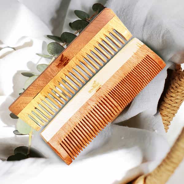 Imvelo Neem Wooden Combs | 1 Dual Tooth + 1 Wide Tooth (Pack Of 2 Combs) | For Men & Women