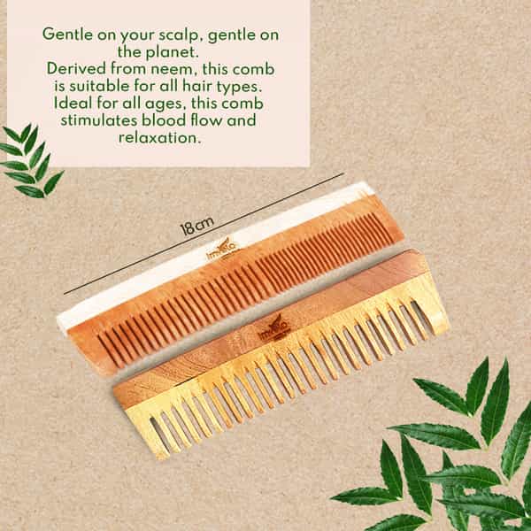 Imvelo Neem Wooden Combs | 1 Dual Tooth + 1 Wide Tooth (Pack Of 2 Combs) | For Men & Women