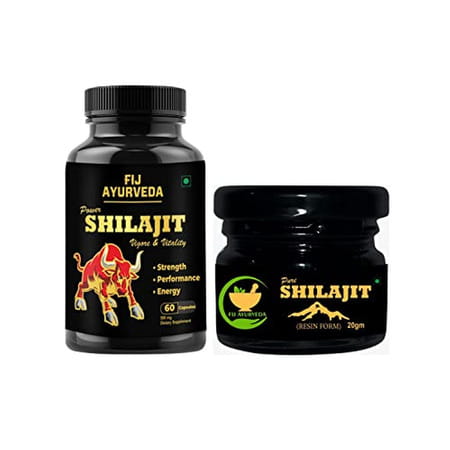 Fij Ayurveda Pure Shilajit/Shilajeet Resin 20gm & Power Shilajit Extract - 60 Capsules (Combo Pack)