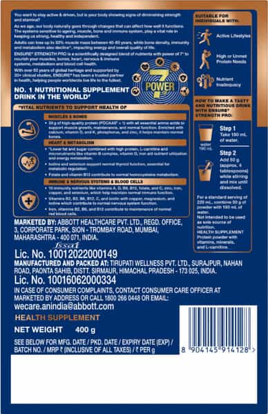 Ensure Strength Pro | 30G Protein | L-Carnitine |Low Gi | Rich Chocolate Flavour Box 400 Gm