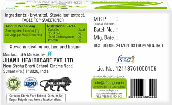 Zindagi Stevia Sachets Sugarfree - Natural Vegan Friendly Sweetener 50 Sachets
