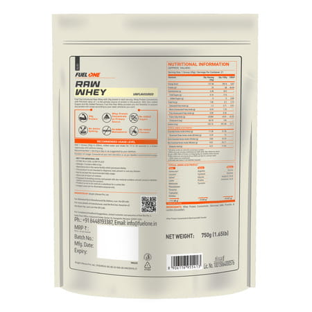 Fuel One Whey Protein Raw | 24 G Protein | 5.29 Bcaa | 4.2 G Glutamic Acid (Unflavoured | 750 G)