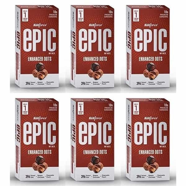 Manforce Epic Hot Dots Enhanced Dotted Condoms For Men Belgian Chocolate Flavour (Set Of 6X10)