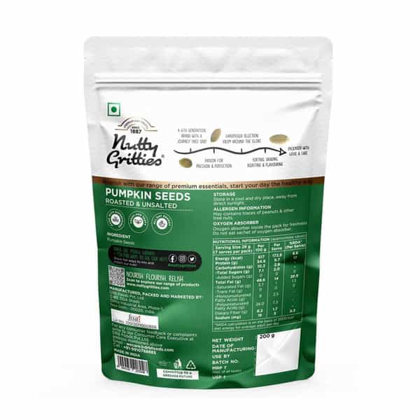 Nutty Gritties Roasted Pumpkin Seeds| Unsalted - 200G