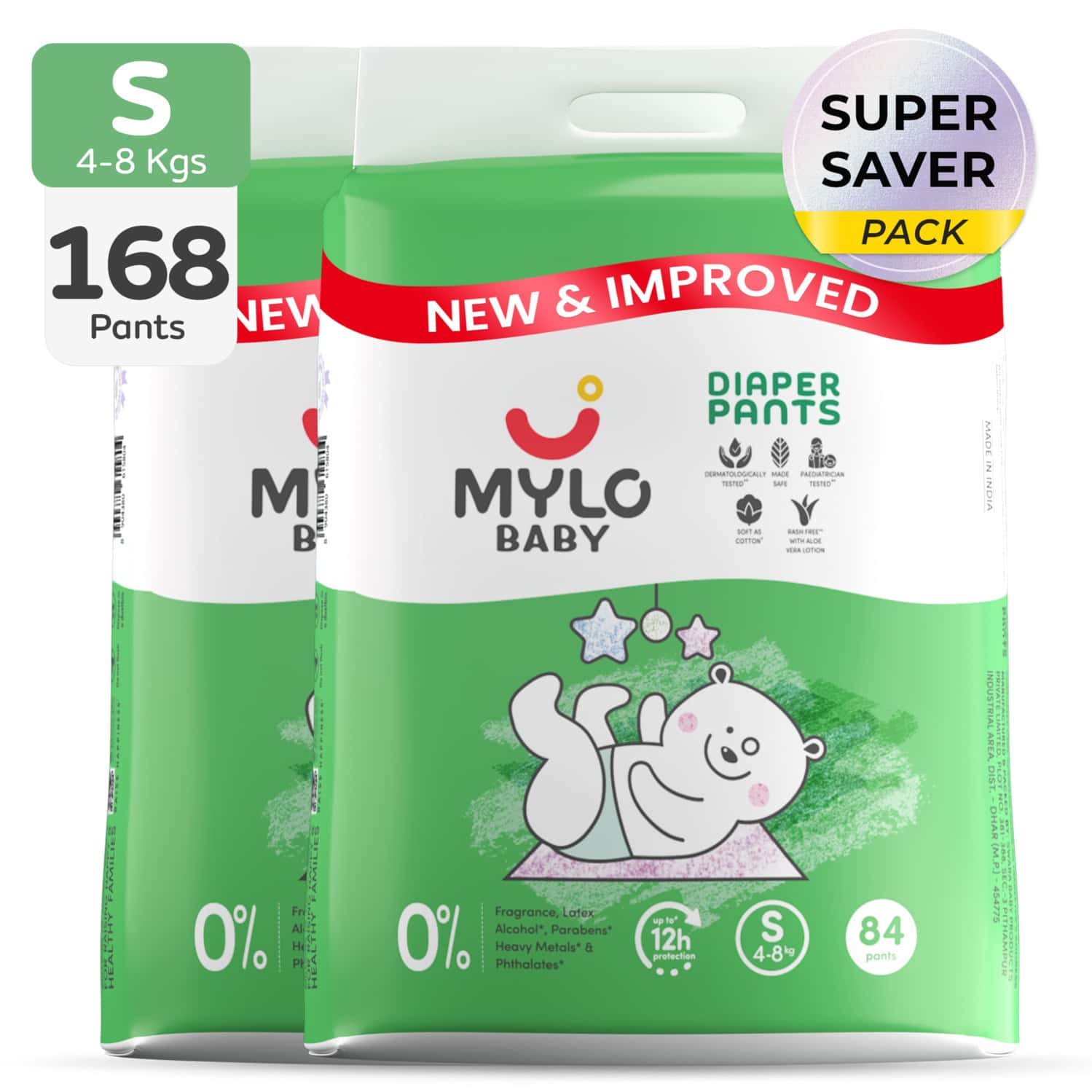 Mylo Baby Diaper Pants Small (S) Size 4-8 Kgs (84 Count) Pack Of 2