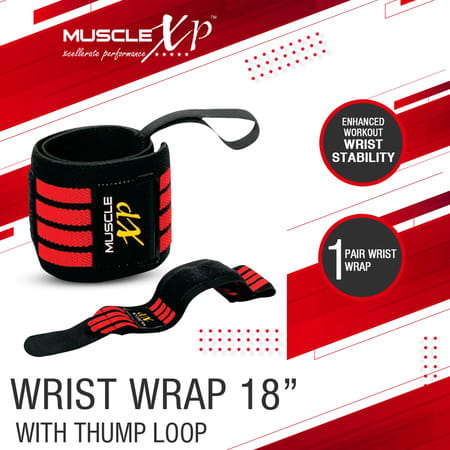 Musclexp Drfitness+ Wrist Band 18" With Thumb Loop Support Strap For Men And Women (Black & Red)