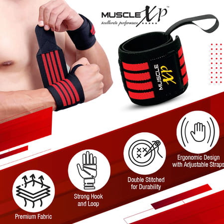 Musclexp Drfitness+ Wrist Band 18" With Thumb Loop Support Strap For Men And Women (Black & Red)