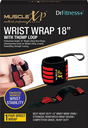 Musclexp Drfitness+ Wrist Band 18" With Thumb Loop Support Strap For Men And Women (Black & Red)