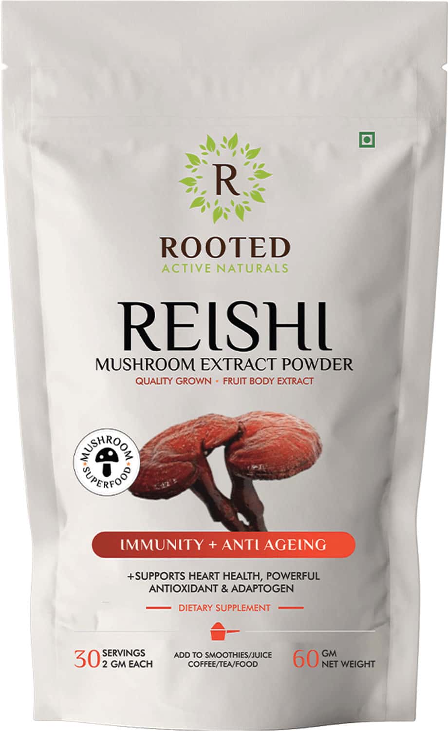 Rooted Actives - Reishi Mushroom Extract Powder - Pure Fruit Body Extract- 60gm