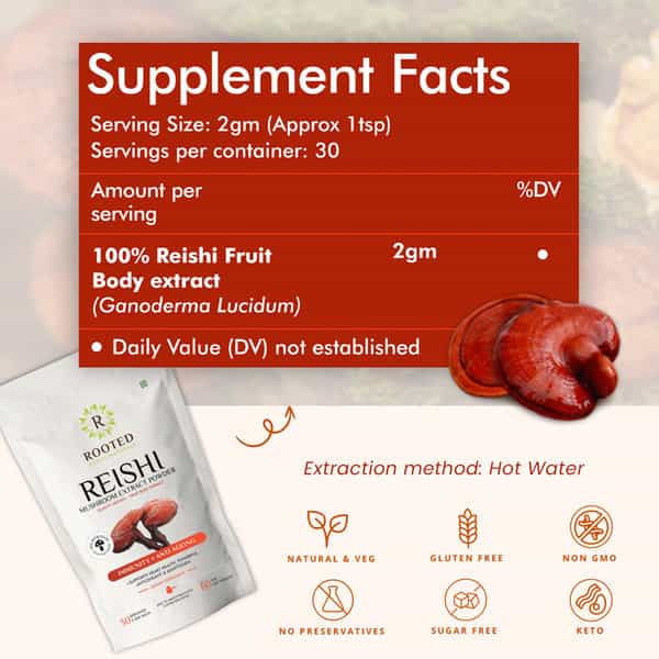 Rooted Actives - Reishi Mushroom Extract Powder - Pure Fruit Body Extract- 60Gm