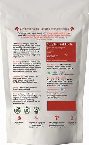 Rooted Actives - Reishi Mushroom Extract Powder - Pure Fruit Body Extract- 60Gm