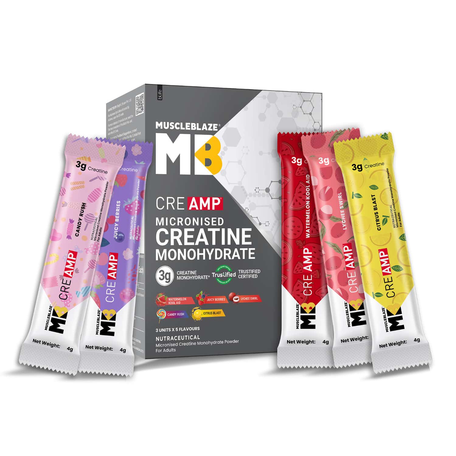 Muscleblaze Micronised Creatine Monohydrate Creamp Powder Assorted Flavours (15 Sachets | 4g Each)
