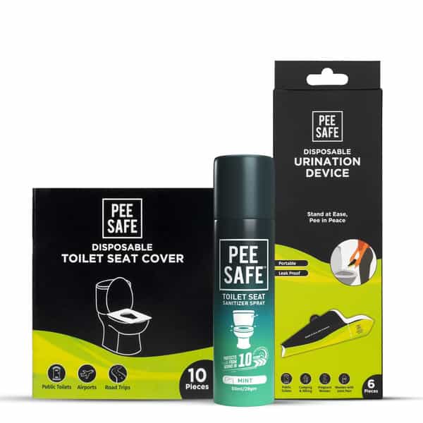 Peesafe Toilet Hygiene Combo - Seat Sanitizer 50Ml|Disposable Seat Cover 10Pcs|Urination Device 6Pcs