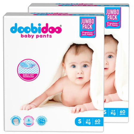 Doobidoo Baby Pants - Small Size Diapers (120 Count) - With Anti Leak Side Cuffs (4-8 Kgs)