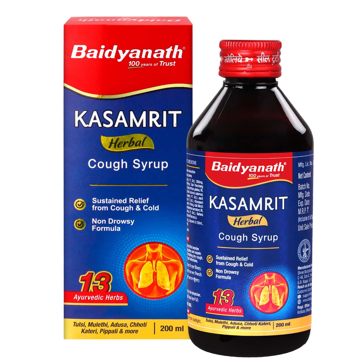 Baidyanath Kasamrit | Herbal & Ayurvedic Cough Syrup | Non-drowsy Formula - 200ml
