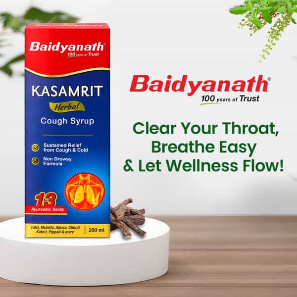 Baidyanath Ayurved Kasamrit Cough Syrup 200Ml | Non-Drowsy Herbal Formula