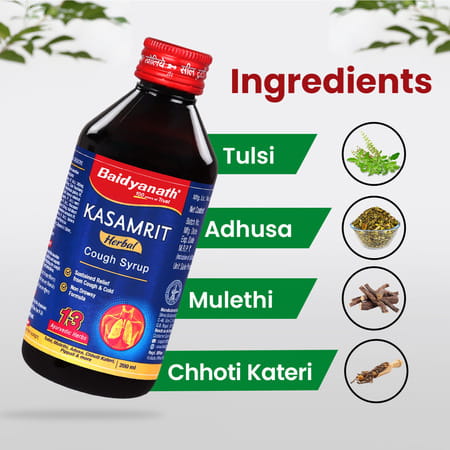 Baidyanath Kasamrit | Herbal & Ayurvedic Cough Syrup | Non-Drowsy Formula - 200ml