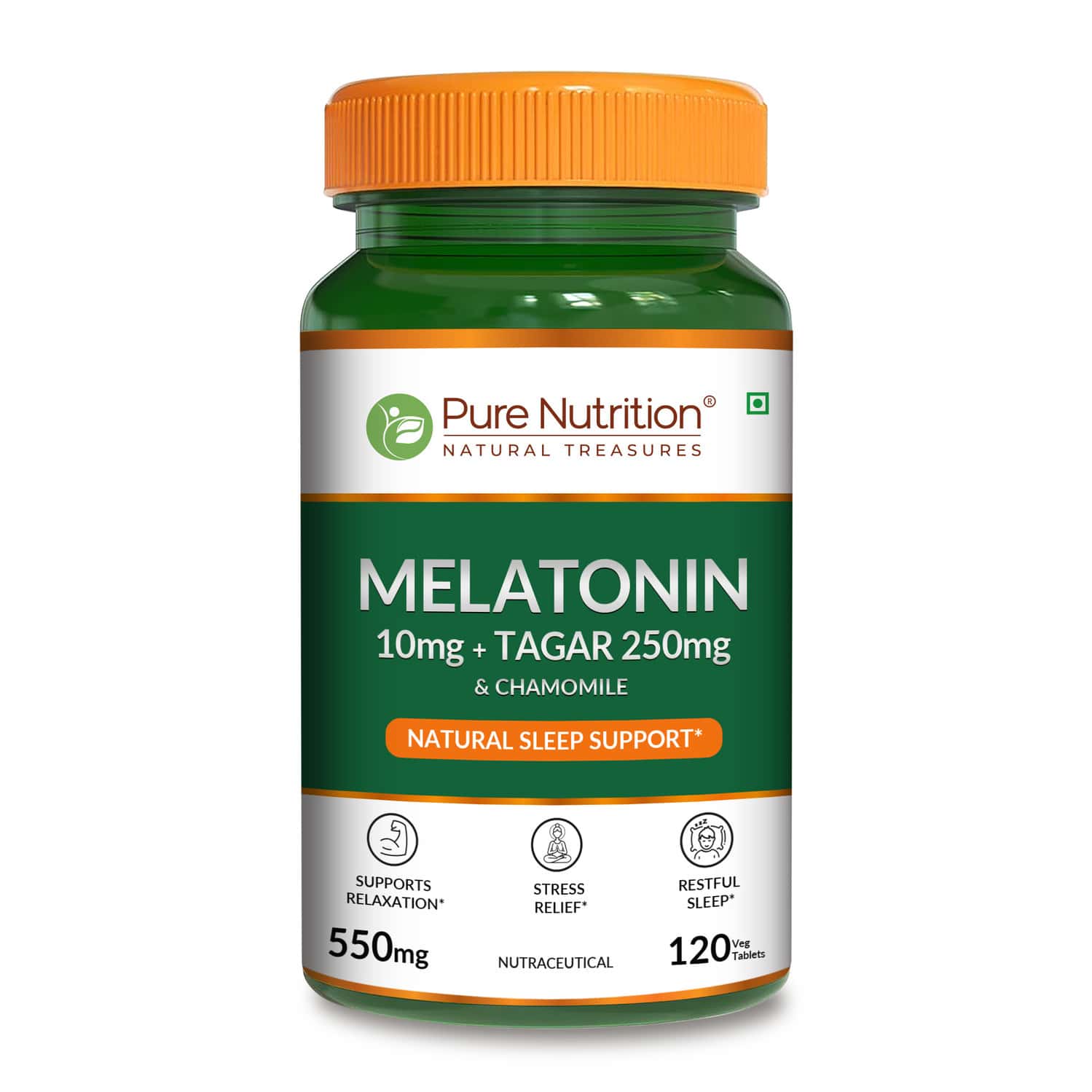 Pure Nutrition Melatonin 10 Mg With 250 Mg Tagar & Chamomile 120 Tabs Pn 2.0
