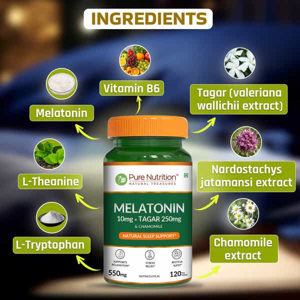 Pure Nutrition Melatonin 10 Mg With 250 Mg Tagar & Chamomile 120 Tabs Pn 2.0
