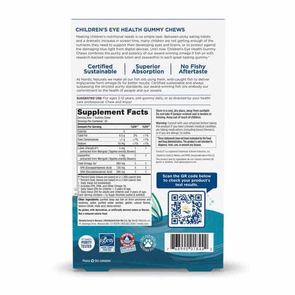 Nordic Naturals Children's Eye 30 Gummy 484 Mg Omega 3 Fish Oil Epa & Dha With Lutein & Zeaxanthin
