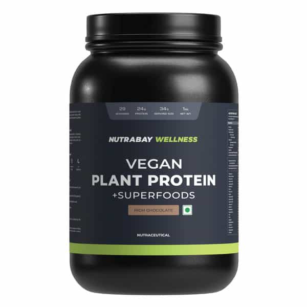 Nutrabay Wellness Vegan Plant Protein Powder + Superfoods Rich Chocolate - 1Kg